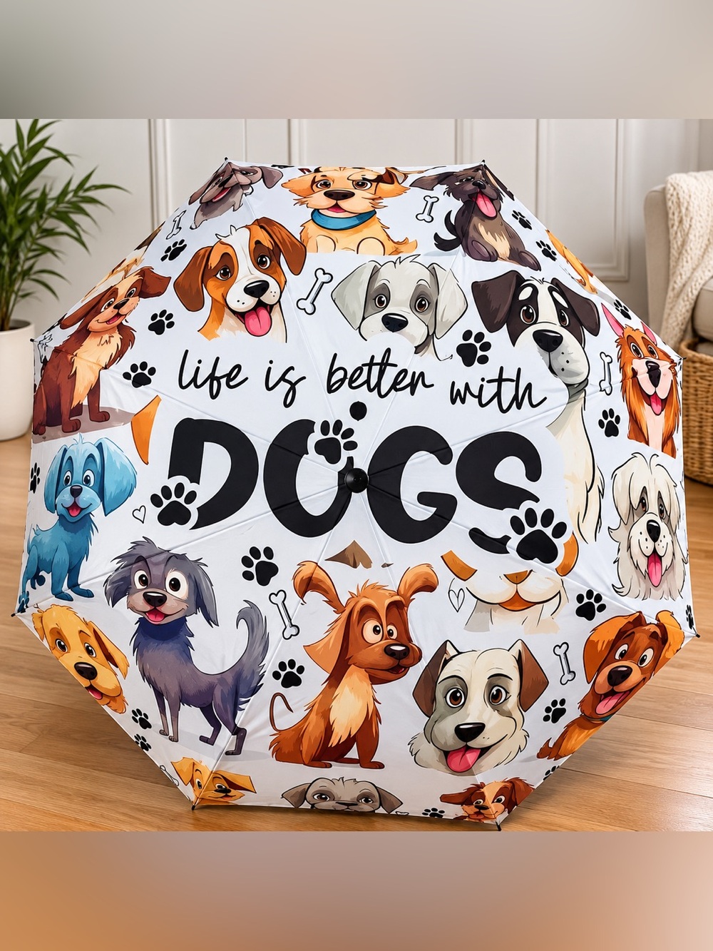 Life Is Better With Dogs Foldable Umbrella - White with Colorful Dog Prints - Picture 2 of 4